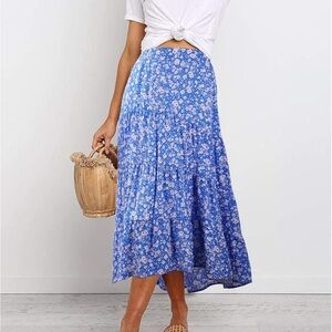 Floral Blue Tiered Midi Skirt High Low Hem